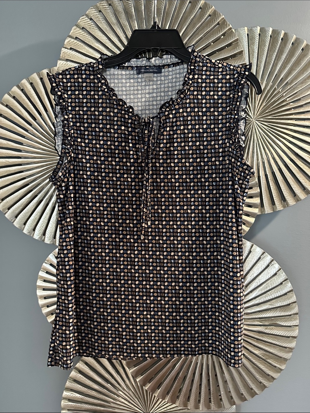Tommy Hilfiger Navy Sleeveless Tie-Neck Camisole with Tan Dot Print